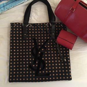 YSL canvas shopping bag Black and Tan dots